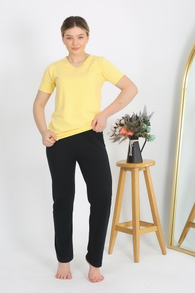 Moda Çizgi - Moda Çizgi Kadın Kısa Kol Pamuk Penye Pijama Takım Sarı 4215