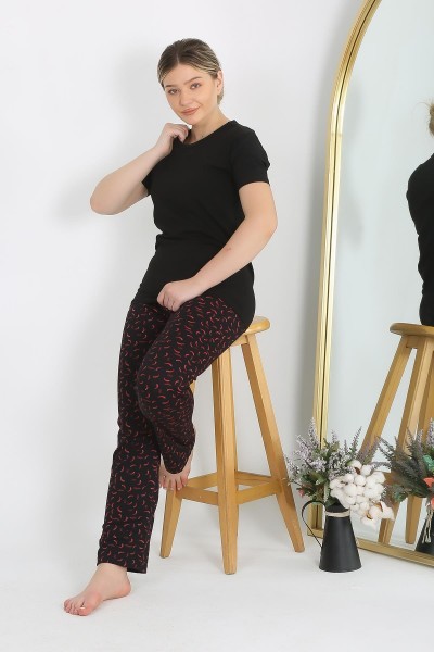 Moda Çizgi - Moda Çizgi Kadın Kısa Kol Pamuk Penye Pijama Takım Siyah 4214