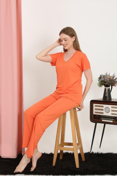 Moda Çizgi - Moda Çizgi Women's Short Sleeve Cotton Combed Pajama Set Orange 4213