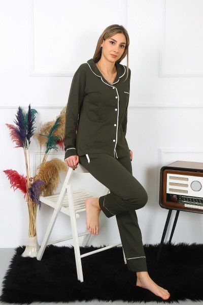 Moda Çizgi - Moda Çizgi Kadın Pamuk Penye Önden Düğmeli Uzun Kol Haki Pijama Takım 2782