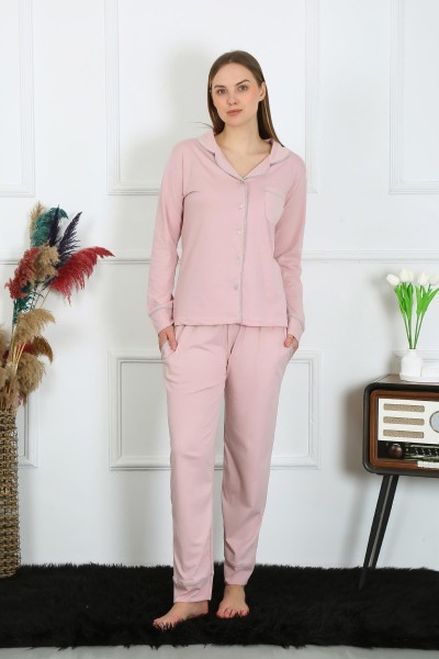 Moda Çizgi - Moda Çizgi Women's Cotton Combed Cotton Front Buttoned Long Sleeve Powder Pajama Set 2782