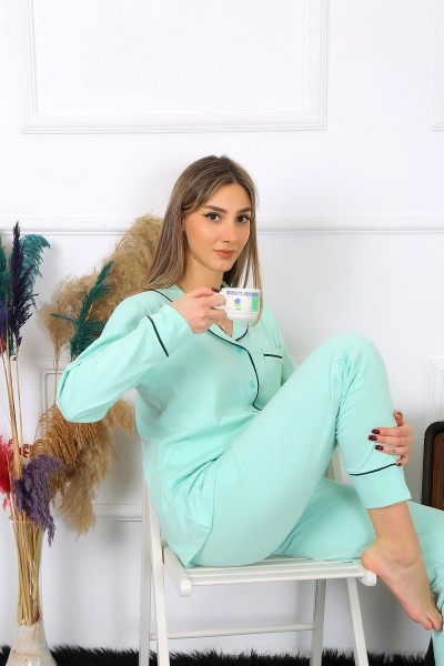 Moda Çizgi - Moda Çizgi Kadın Pamuk Penye Önden Düğmeli Uzun Kol Su Yeşili Pijama Takım 2782