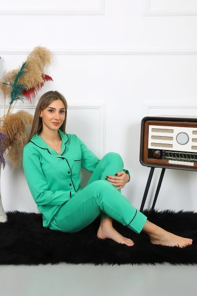 Moda Çizgi - Moda Çizgi Kadın Pamuk Penye Önden Düğmeli Uzun Kol Yeşil Pijama Takım 2782