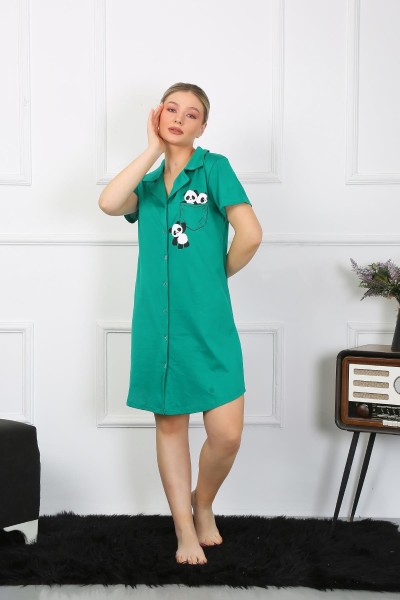 Moda Çizgi - Moda Çizgi Kadın Pamuklu Penye Kısa Kol Düğmeli Yeşil Tunik Gecelik 13109