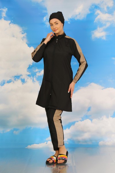 Moda Çizgi - Moda Çizgi Kadın Pantolonlu Kolu Şeritli Tam Tesettür Mayo Siyah 31065