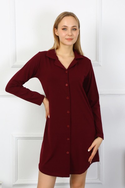 Moda Çizgi - Moda Çizgi Kadın Penye Uzun Kol Düğmeli Bordo Tunik Gecelik 13103