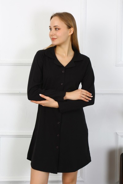 Moda Çizgi - Moda Çizgi Kadın Penye Uzun Kol Düğmeli Siyah Tunik Gecelik 13103