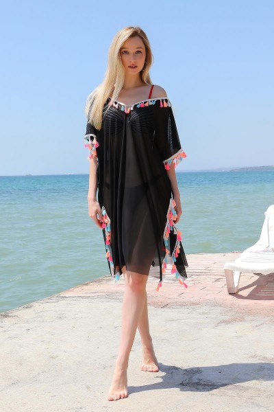 Moda Çizgi - Moda Çizgi Women's Tasseled Tunic Pareo Beach Dress Black 38048