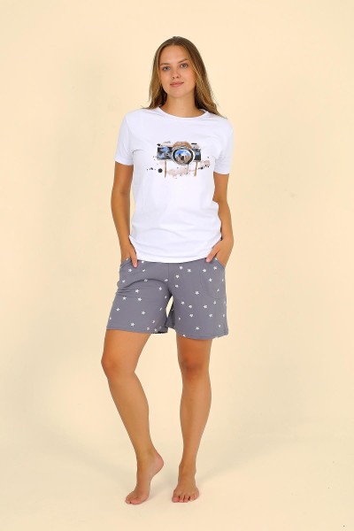 Moda Çizgi - Moda Çizgi Kadın Şortlu Kısa Kol Penye Pijama Takımı Beyaz 3622