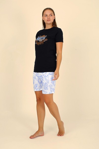 Moda Çizgi - Moda Çizgi Kadın Şortlu Kısa Kol Penye Pijama Takımı Siyah 3624