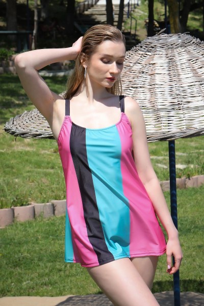 Moda Çizgi Kadın Şortlu Tankini Elbise Mayo Pembe 36001 - Thumbnail