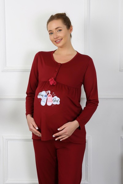 Moda Çizgi - Moda Çizgi Women's Long Sleeve Pregnant Maternity Pajama Set Claret Red 45501