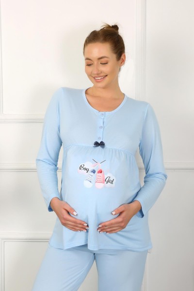 Moda Çizgi - Moda Çizgi Women's Long Sleeve Pregnant Maternity Pajama Set Blue 45501