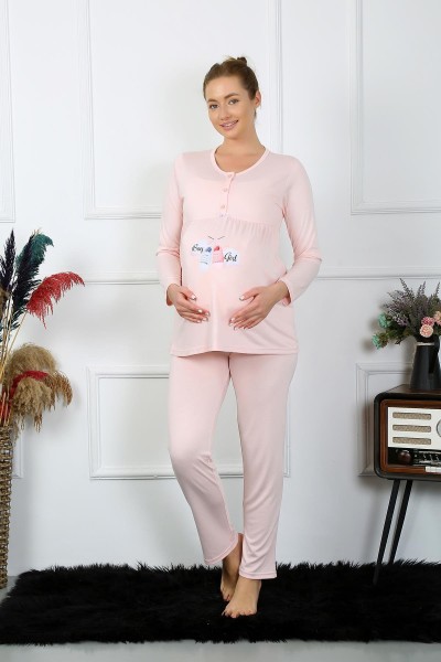 Moda Çizgi - Moda Çizgi Kadın Uzun Kol Hamile Lohusa Pijama Takımı Pudra 45501