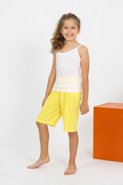 Moda Çizgi - Moda Çizgi Kız Çocuk İp Askılı Şortlu Penye Beyaz Pijama Takım 20430