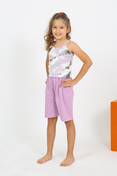 Moda Çizgi - Moda Çizgi Kız Çocuk İp Askılı Şortlu Penye Lila Pijama Takım 20430