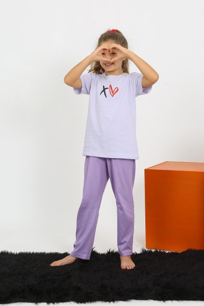 Moda Çizgi - Moda Çizgi Kız Çocuk Kısa Kol Lila Penye Pijama Takım 20432