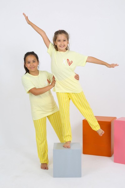 Moda Çizgi - Moda Çizgi Kız Çocuk Kısa Kol Sarı Penye Pijama Takım 20432