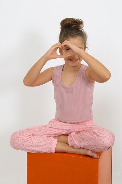 Moda Çizgi - Moda Çizgi Kız Çocuk Sıfır Kol Gül Kurusu Penye Pijama Takım 20433