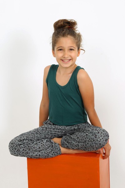 Moda Çizgi - Moda Çizgi Kız Çocuk Sıfır Kol Zümrüt Yeşili Penye Pijama Takım 20433