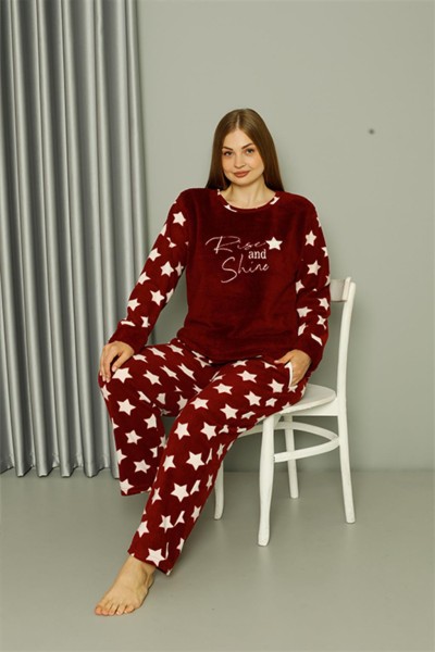 Moda Çizgi Welsoft Polar Kadın Büyük Beden Bordo Pijama Takımı 808042 - Thumbnail