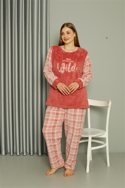 Moda Çizgi - Moda Çizgi Welsoft Polar Kadın Büyük Beden Pudra Pijama Takımı 808040