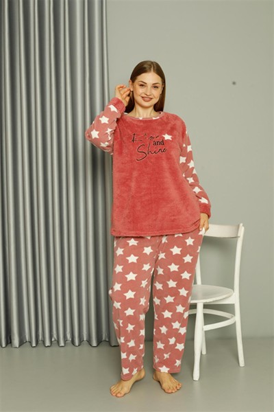 Moda Çizgi - Moda Çizgi Welsoft Polar Kadın Büyük Beden Pudra Pijama Takımı 808042