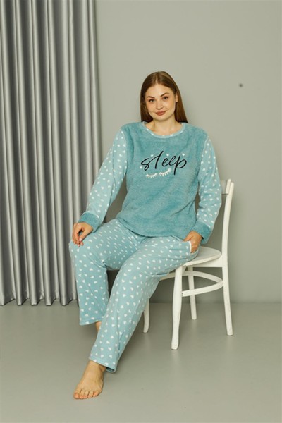 Moda Çizgi Welsoft Polar Kadın Büyük Beden Su Yeşili Pijama Takımı 808046 - Thumbnail