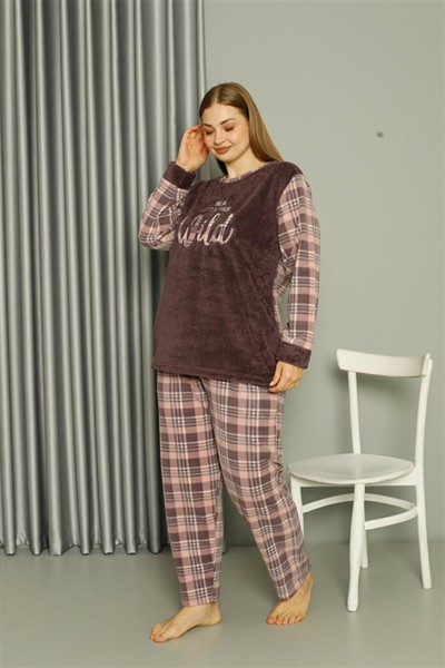 Moda Çizgi - Moda Çizgi Welsoft Polar Kadın Büyük Beden Vizon Pijama Takımı 808040