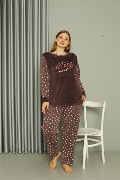 Moda Çizgi - Moda Çizgi Welsoft Polar Kadın Büyük Beden Vizon Pijama Takımı 808046