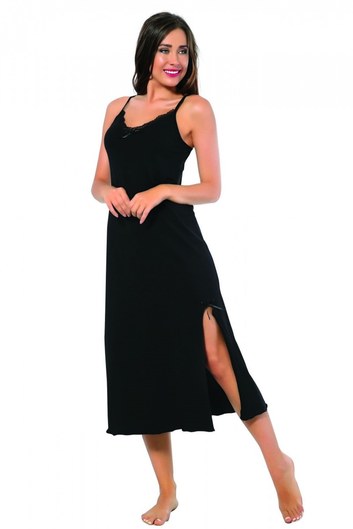 Moda Çizgi Bayan İp Askılı Uzun Gecelik 901 - 2XL | Siyah