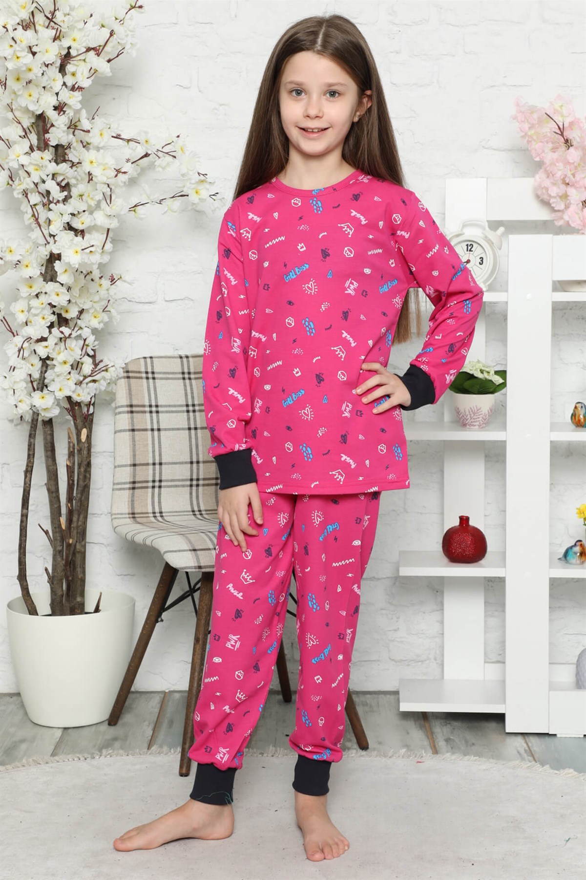 Moda Çizgi Çocuk Pamuk Uzun Kollu Pijama Takımı 4545 - 5-6 | Fuşya
