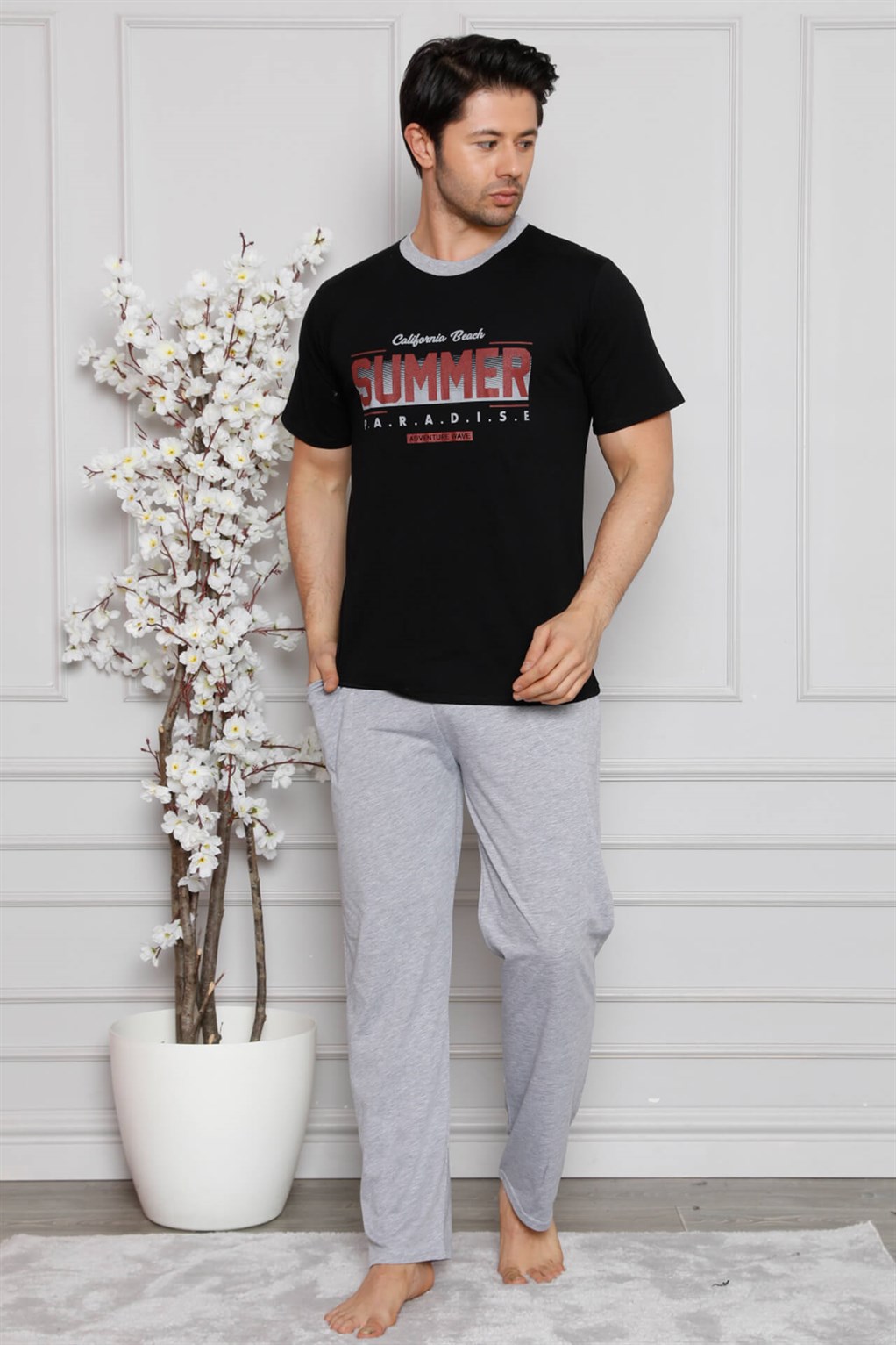 Moda Çizgi Erkek %100 Pamuk Cepli Kısa Kollu Pijama Takımı 6745 - XL | Siyah