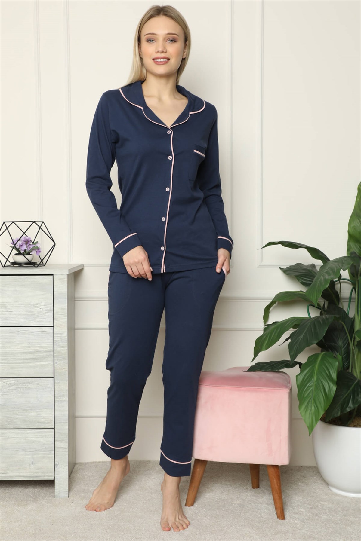 Moda Çizgi Kadın Penye Pijama - XL | Lacivert