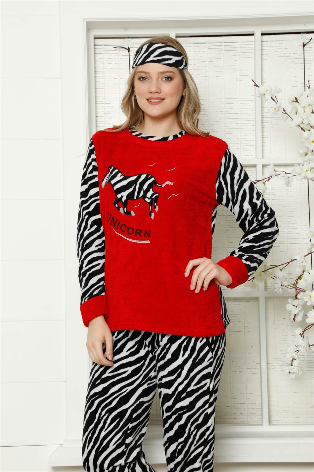 Moda Çizgi Polar Kadın Pijama Takımı - L | Kırmızı