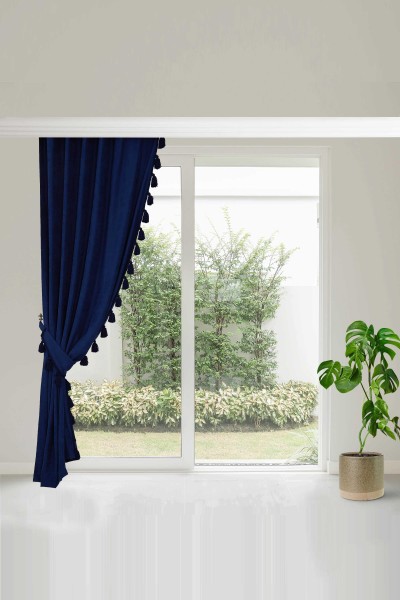 Moda Çizgi - Tassel Edge Background Curtain Left Side 245x140 cm, PR-1SOL Blue