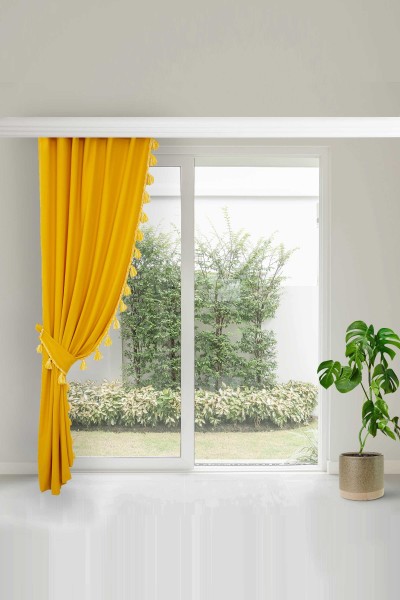 Moda Çizgi - Tassel Edge Background Curtain Left Side 245x140 cm, PR-1SOL Yellow