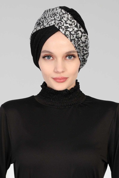 Moda Çizgi - Hijab Bone Sequined Buzy,B-9PB1 Fish Eye Zebra - Black