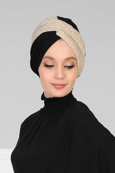 Moda Çizgi - Hijab Bone Sequined Buzy,B-9PB1 Gold Sequined - Black