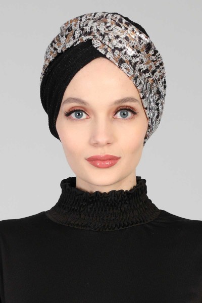 Moda Çizgi - Hijab Bonnet Sequined Buzy,B-9PB1 Gray Brown - Black