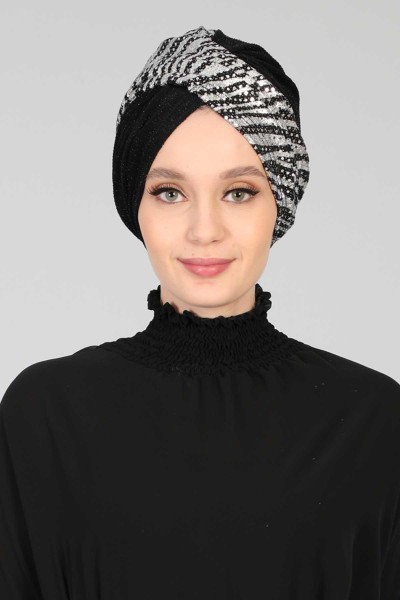 Moda Çizgi - Hijab Bone Sequined Buzy,B-9PB1 Zebra - Black