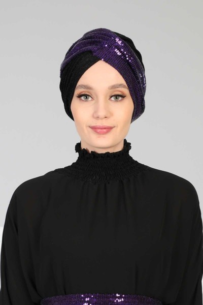 Moda Çizgi - Hijab Bonnet Sequined,B-9PB2 Purple - Black