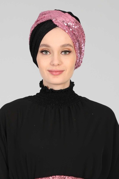 Moda Çizgi - Hijab Bonnet Sequined, B-9PB2 Powder - Black