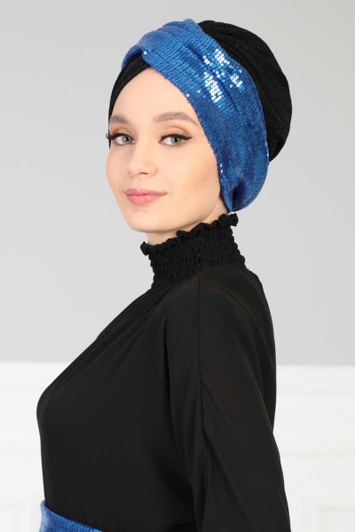 Moda Çizgi - Hijab Bonnet Sequined,B-9PB2 Saks - Black