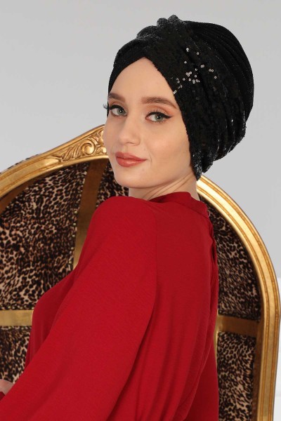 Moda Çizgi - Hijab Bonnet Sequined,B-9PB2 Black - Buzzy