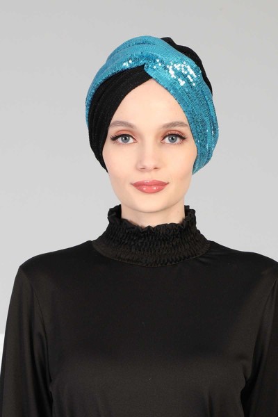 Moda Çizgi - Hijab Bonnet Sequined,B-9PB2 Turquoise - Black