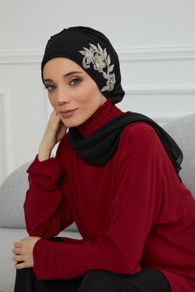 Moda Çizgi - Chiffon Ready-made Scarf with Side Stone Flower Accessory,HT-104,HT-104 Black